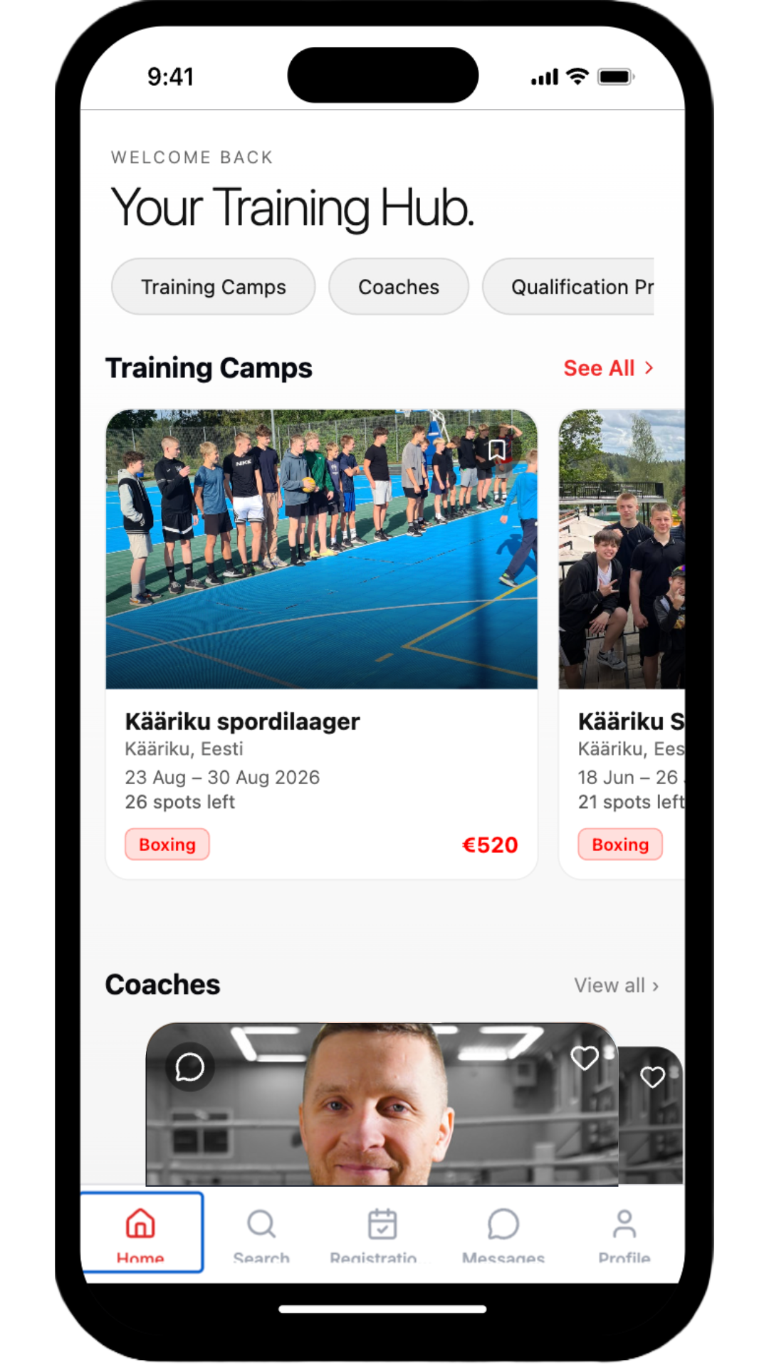 FightBase app training hub screen.